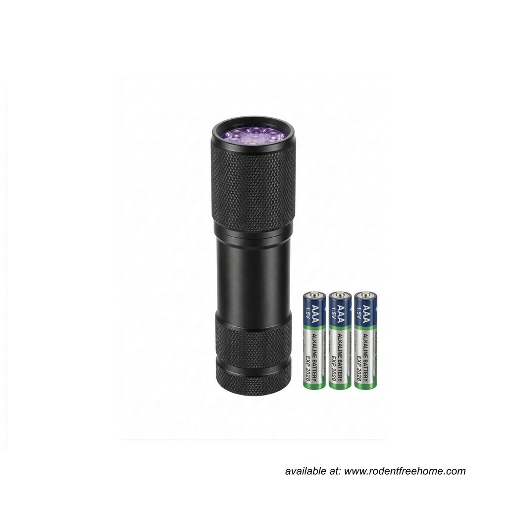 This powerful 9-LED UV torch comes with batteries included, so you can start tracking immediately. Its rugged stainless steel build and wide-reach beam reveal hidden rodent trails instantly. Professional, portable, and ready for action right away.